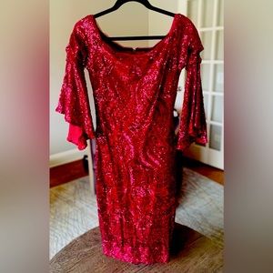 Betsy Adams Red Sequins Dress. Flare sleeve. Size 8